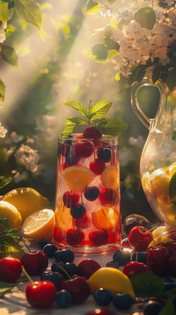 A vibrant drink made with various berries and slices of lemon sits on a table, surrounded by fresh fruits and flowers. Sunlight filters through, creating a warm ambiance in the garden.の素材