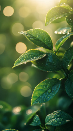 Fresh green leaves are illuminated by warm sunlight in a tranquil garden, highlighting their vibrant color against a soft, blurred background of greenery.の素材