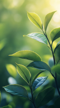 Fresh green leaves are illuminated by warm sunlight in a tranquil garden, highlighting their vibrant color against a soft, blurred background of greenery.の素材