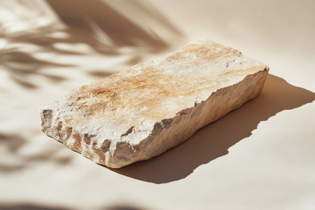 A smooth, flat topped rock rests on a light fabric, displaying its earthy texture against a soft backdrop. Sunlight enhances the serene ambiance and natural beauty of the scene.の素材
