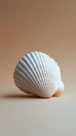The scallop shell is resting upright on a light, neutral surface. Its ridges and texture are clearly visible, showing the delicate features of this natural marine object.の素材