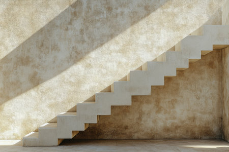 A concrete staircase rises alongside a textured wall, creating a minimalistic aesthetic. The setting appears well lit, highlighting the clean lines and subtle details of the steps and wall.の素材