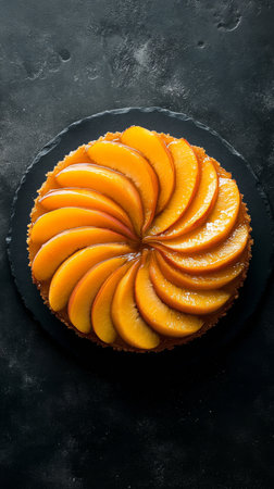 A freshly baked pineapple upside down cake is displayed on a dark slate board.の素材