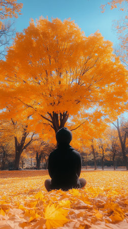 A lone individual strolls through a park, enjoying the beauty of a large orange tree amidst a carpet of fallen leaves. The atmosphere reflects the essence of autumn.の素材