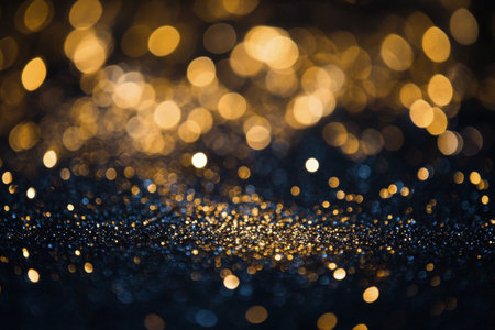 A beautiful display of golden bokeh lights dances across a dark surface, reflecting a magical ambiance typical of festive celebrations. This captivating effect creates a warm and inviting atmosphere.の素材