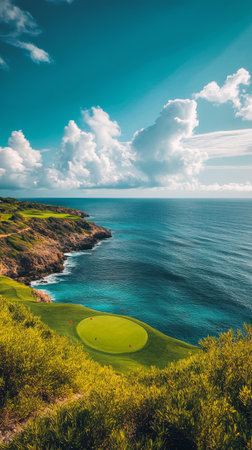 A lush green golf course stretches along the coast, offering breathtaking views of clear blue waters and distant mountains under a vibrant sky filled with clouds.の素材