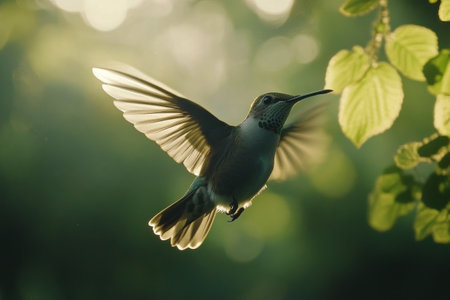 A small hummingbird gracefully hovers in the air, its wings a blur against the backdrop of lush green leaves. Sunlight filters through the branches, illuminating the scene beautifully.の素材