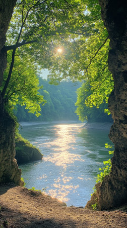 The river flows gently through a narrow canyon, flanked by tall trees. Morning mist hovers above the water, creating a serene atmosphere, while sunlight reflects off the calm surface.の素材