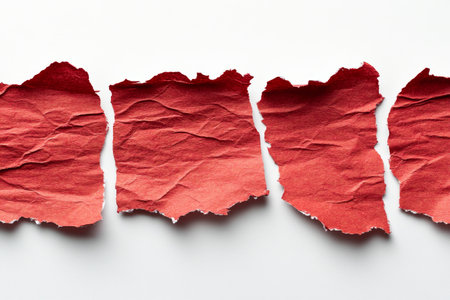 A vibrant red surface with distinct texture features a torn paper edge, creating an interesting decorative element against a light wall. This composition highlights artistic contrast.の素材