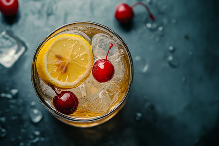 A glass filled with a refreshing drink featuring ice cubes, lemon slices, and bright red cherries, set against a dark background. The contrasting colors enhance the inviting appearance.の素材