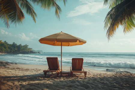 Two wooden lounge chairs sit on the sandy beach, sheltered by a large umbrella. Gentle waves lap at the shore with a clear blue sky above, creating a tranquil atmosphere for relaxation.の素材