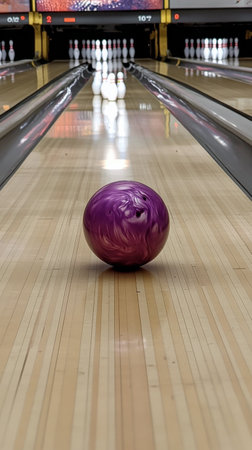 A vibrant purple bowling ball is rolling smoothly down the polished wooden lane toward a set of white bowling pins. The atmosphere is lively, typical of a weekend bowling activity.の素材