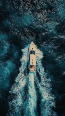 A sleek yacht glides smoothly over sparkling blue waters under the clear sky. Sunlight reflects off the waves, creating a serene and picturesque atmosphere for a perfect day at sea.の素材
