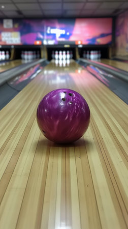 A vibrant purple bowling ball is rolling smoothly down the polished wooden lane toward a set of white bowling pins. The atmosphere is lively, typical of a weekend bowling activity.の素材