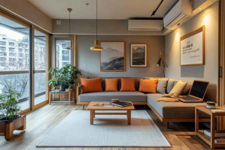 This living area features a gray sofa adorned with vibrant orange cushions, surrounded by lush indoor plants. Natural light highlights a warm, inviting atmosphere, perfect for relaxation.の素材