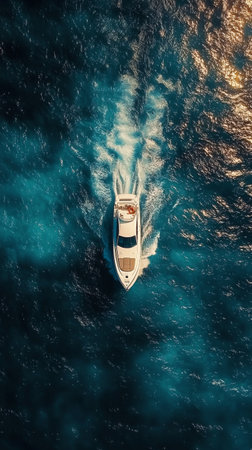 A sleek yacht glides smoothly over sparkling blue waters under the clear sky. Sunlight reflects off the waves, creating a serene and picturesque atmosphere for a perfect day at sea.の素材