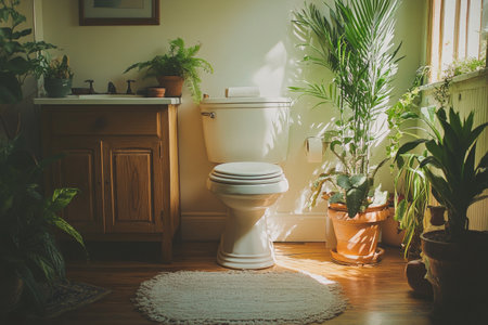 A well lit bathroom features a stylish toilet and a glowing container beside a soft mat. Surrounding plants add freshness and tranquility to the inviting atmosphere.の素材