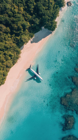 An airplane rests on a sandy beach bordered by turquoise water and lush palm trees. The serene tropical scene captures the beauty of nature and travel in a picturesque setting.の素材