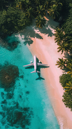 An airplane rests on a sandy beach bordered by turquoise water and lush palm trees. The serene tropical scene captures the beauty of nature and travel in a picturesque setting.の素材