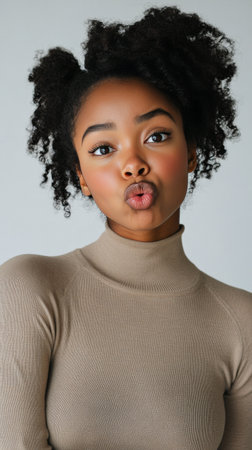 A cheerful young woman with natural curly hair poses playfully, puffing her cheeks and making a charming face. The neutral background highlights her playful demeanor.の素材