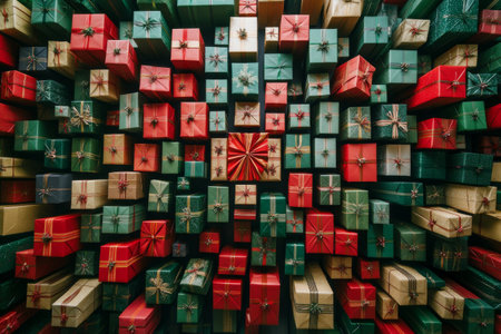 A vibrant display of beautifully wrapped gifts in green and gold, surrounded by flowing red and green fabric. The thoughtful presentation creates a festive atmosphere perfect for celebrations.の素材