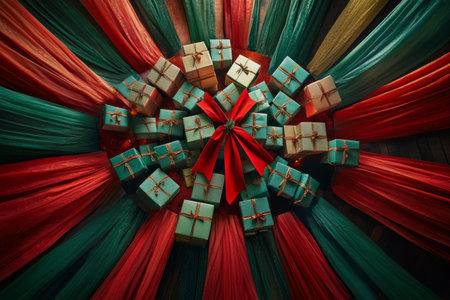 A vibrant display of beautifully wrapped gifts in green and gold, surrounded by flowing red and green fabric. The thoughtful presentation creates a festive atmosphere perfect for celebrations.の素材