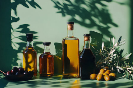 Four glass bottles filled with olive oil are placed on a shelf. Surrounding them are fresh olives and olive branches, with soft shadows creating a warm, inviting atmosphere.の素材