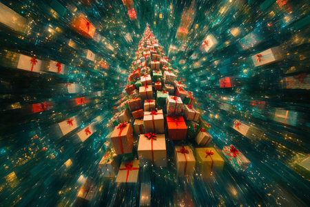 A vibrant display of beautifully wrapped gifts in green and gold, surrounded by flowing red and green fabric. The thoughtful presentation creates a festive atmosphere perfect for celebrations.の素材