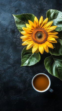 A radiant sunflower displays its bright yellow petals and dark center, standing upright with green leaves against a black backdrop, highlighting its striking appearance.の素材