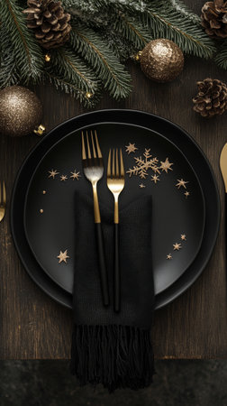 A beautifully arranged holiday table features a black plate with a gold spoon and fork placed on a black napkin, surrounded by pine branches and festive ornaments, creating a cozy atmosphere.の素材