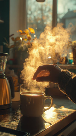 Warm morning light fills the kitchen as a hand reaches toward a steaming cup of coffee. A kettle sits beside the cup, and flowers decorate the background, creating a serene atmosphere.の素材