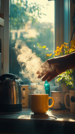 Warm morning light fills the kitchen as a hand reaches toward a steaming cup of coffee. A kettle sits beside the cup, and flowers decorate the background, creating a serene atmosphere.の素材