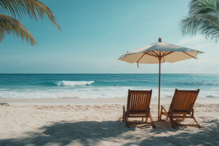 Two wooden lounge chairs sit on the sandy beach, sheltered by a large umbrella. Gentle waves lap at the shore with a clear blue sky above, creating a tranquil atmosphere for relaxation.の素材