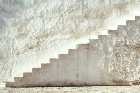 A concrete staircase rises alongside a textured wall, creating a minimalistic aesthetic. The setting appears well lit, highlighting the clean lines and subtle details of the steps and wall.の素材