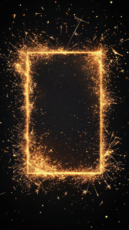 A rectangular frame composed of bright sparks illuminates the dark background, creating a magical and enchanting atmosphere. The light radiates in all directions, enhancing the visual allure.の素材