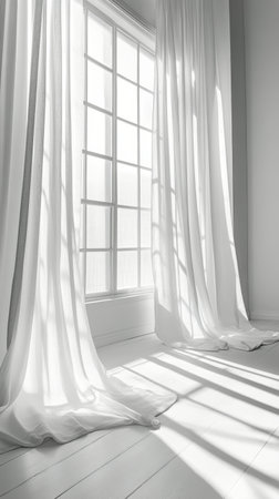 Soft rays of sunlight gently illuminated a spacious white room through flowing sheer curtains. The overall ambiance is tranquil and inviting, with a touch of elegance.の素材