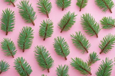 A collection of fresh green pine branches is artistically arranged on a soft pastel pink background, highlighting the beauty and texture of nature. This display offers a calming visual experience.の素材