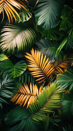 Vibrant tropical leaves in various shades of green mixed with bold yellow leaves create an enchanting natural backdrop. The arrangement showcases a rich diversity of foliage.の素材