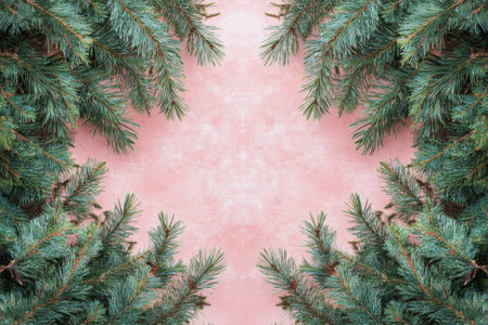 A collection of fresh green pine branches is artistically arranged on a soft pastel pink background, highlighting the beauty and texture of nature. This display offers a calming visual experience.の素材