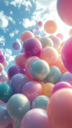 Various pastel colored balloons and bubbles ascend against a bright blue sky, creating a cheerful and whimsical atmosphere filled with light reflections and soft colors.の素材