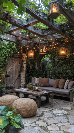 A charming outdoor space features comfortable seating with pillows, rustic lanterns, and a vibrant green backdrop. The serene environment invites relaxation and social gatherings.の素材