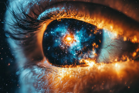 This stunning cosmic nebula presents an eye like shape, showcasing swirling clouds of blue and orange gas. Bright stars twinkle amidst the rich colors, creating a mesmerizing celestial view.の素材