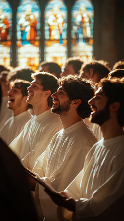 A woman with curly hair is smiling blissfully with closed eyes in a gathering. The vibrant stained glass decorates the background, enhancing the cheerful atmosphere.の素材