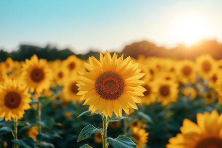 A beautiful garden filled with blooming yellow flowers showcases their bright petals and rich brown centers under the warm sunlight, creating a lively spring atmosphere perfect for visitors.の素材