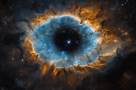 This stunning cosmic nebula presents an eye like shape, showcasing swirling clouds of blue and orange gas. Bright stars twinkle amidst the rich colors, creating a mesmerizing celestial view.の素材