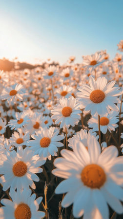 A vibrant display of white daisies with yellow centers fills the garden, soaking up the warm spring sunlight.の素材