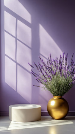 This cozy room features a soothing purple wall adorned with a stylish golden vase filled with lavender. Soft light filters through the window, casting gentle shadows on the floor.の素材