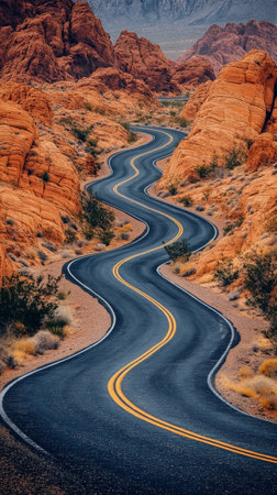 A winding road means through a rugged desert landscape with rocky formations, illuminated by the warm glow of golden hour. Mountains can be seen in the distance.の素材