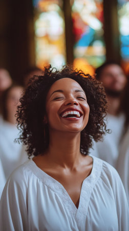 A woman with curly hair is smiling blissfully with closed eyes in a gathering. The vibrant stained glass decorates the background, enhancing the cheerful atmosphere.の素材