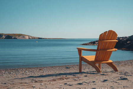 A wooden chair is positioned on a sandy beach, facing the peaceful ocean. The clear skies enhance the tranquil atmosphere, inviting relaxation and reflection by the water.の素材